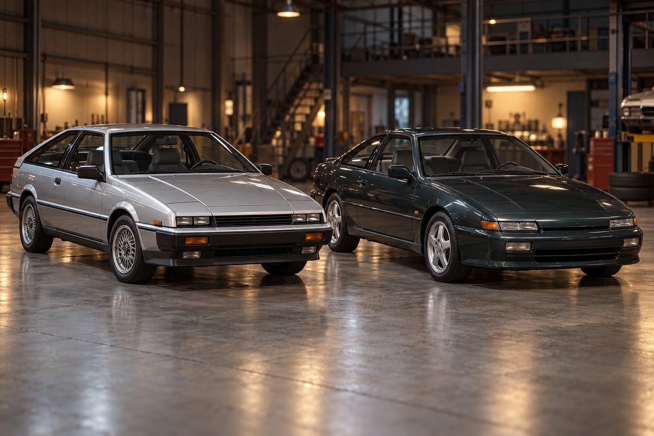 Two classic Isuzu Piazza coupes parked side by side inside a large industrial garage