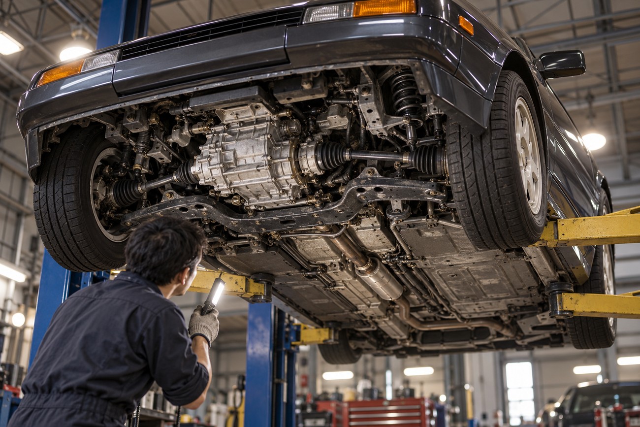 A mechanic in a garage uses a work light to inspect the underbody and suspension of a lifted Isuzu Piazza