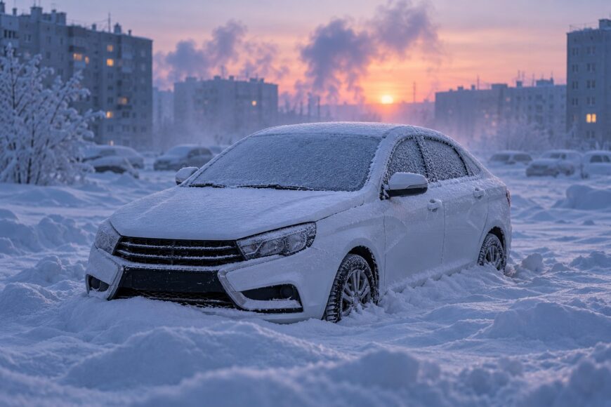A white Lada Vesta deeply covered in snow parked outdoors in Yakutsk against a frosty urban background at sunrise