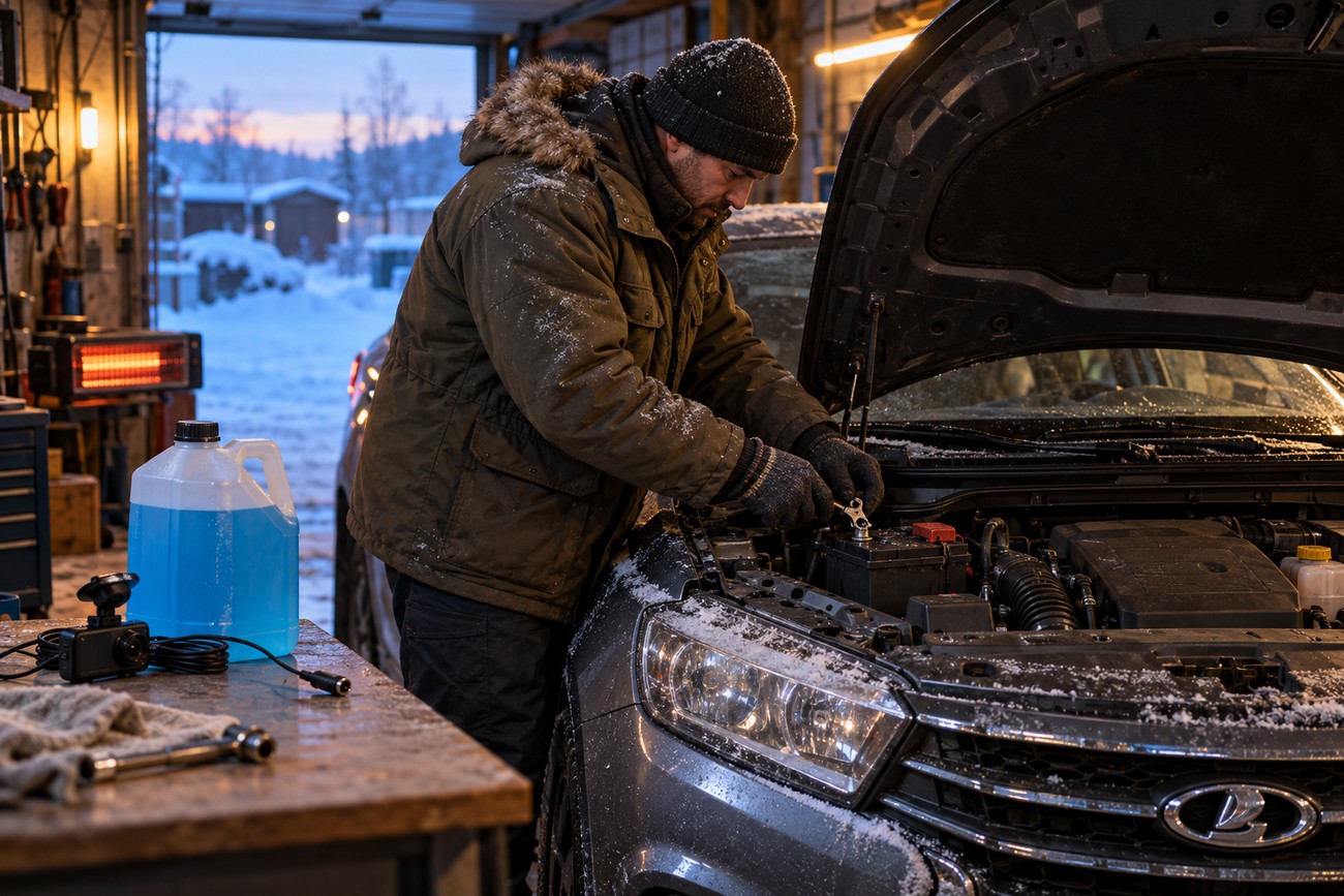 A man in a winter jacket and hat disconnecting the car battery under the hood of a Lada Vesta inside a frosty garage