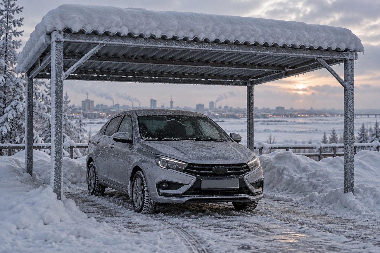 A silver Lada Vesta parked under a snow-covered carport with a winter cityscape in the background