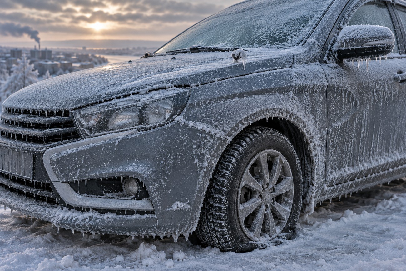 A heavily frosted Lada Vesta covered in ice crystals and icicles parked outdoors during a freezing winter day
