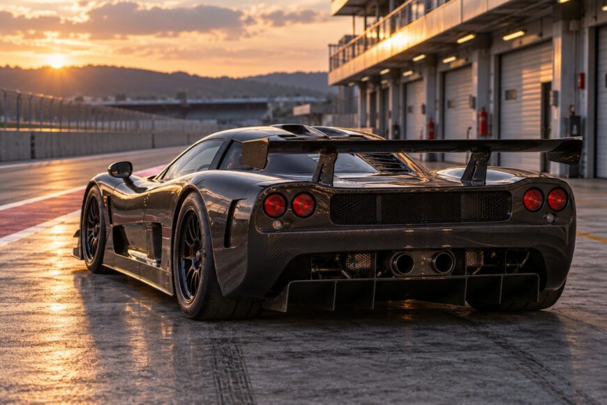 Mosler MT900 carbon fiber supercar parked on the pit lane at sunset