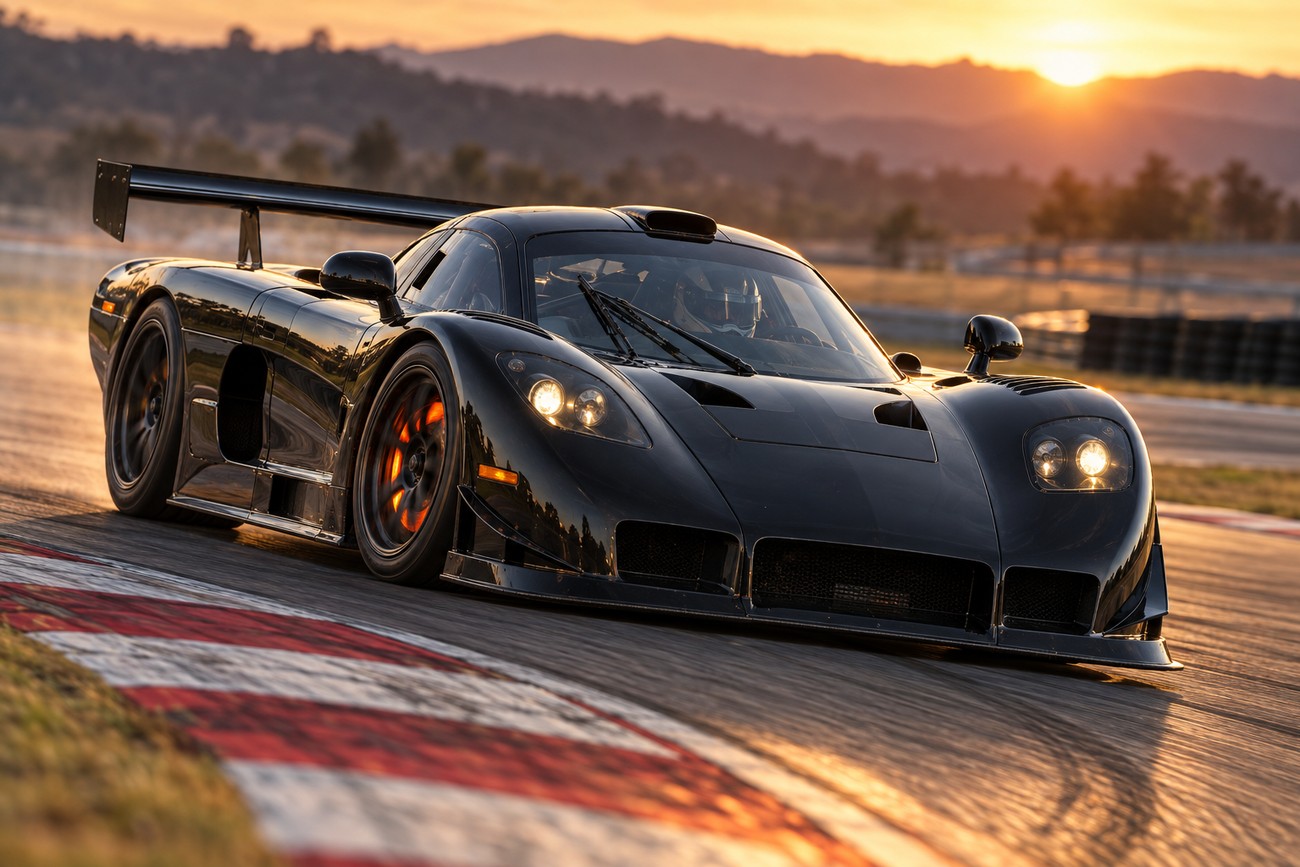 Black Mosler MT900 sports car drifting and accelerating on a race track at sunset with mountains in the background