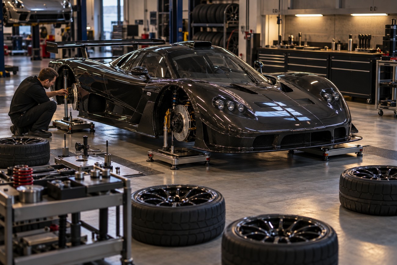 A mechanic working on a carbon fiber Mosler MT900 sports car raised on stands in a professional garage