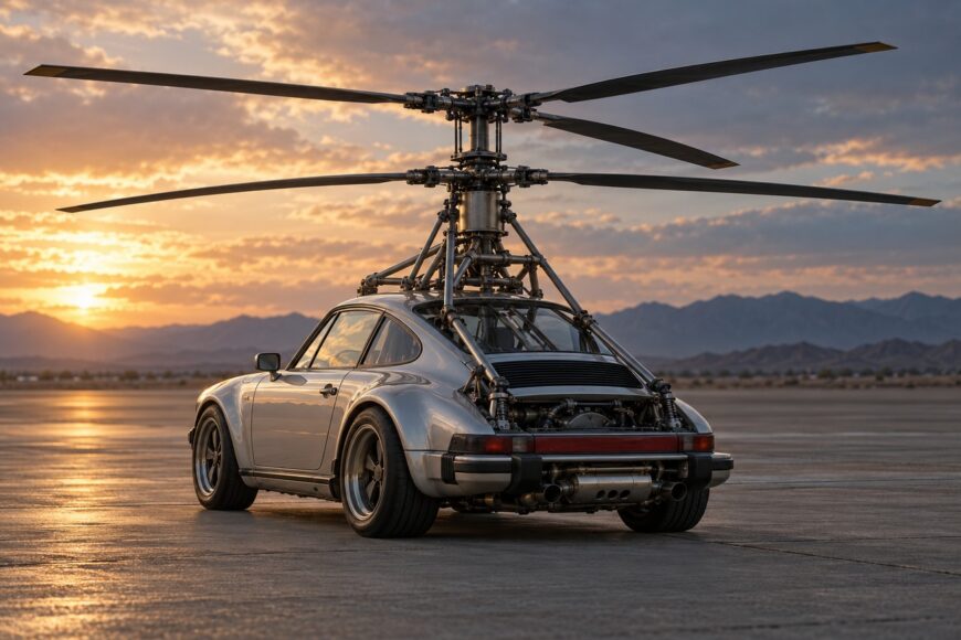 A silver Porsche 911 with massive helicopter rotors mounted on a metal frame parked on a desert airstrip during sunset