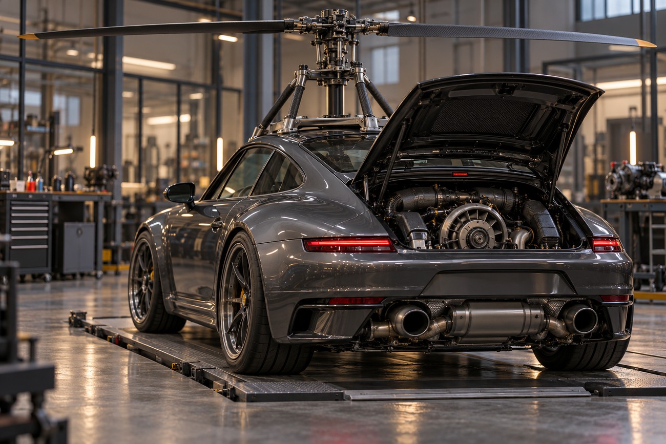 A dark gray Porsche 911 with helicopter rotors mounted on the roof parked inside an industrial workshop with the rear engine lid open