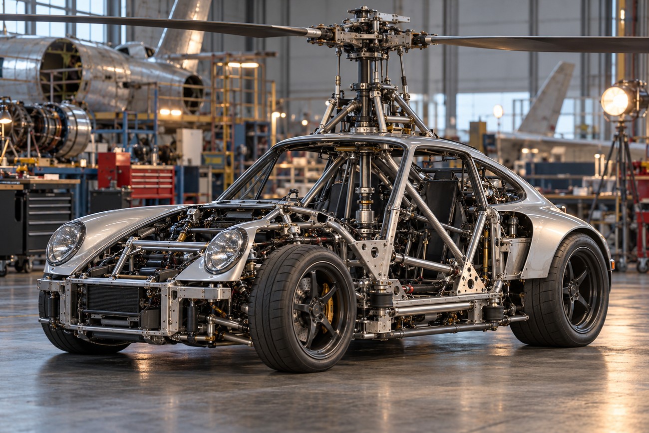 A silver Porsche 911 body frame equipped with complex helicopter rotor mechanics and structural framing inside an airplane hangar