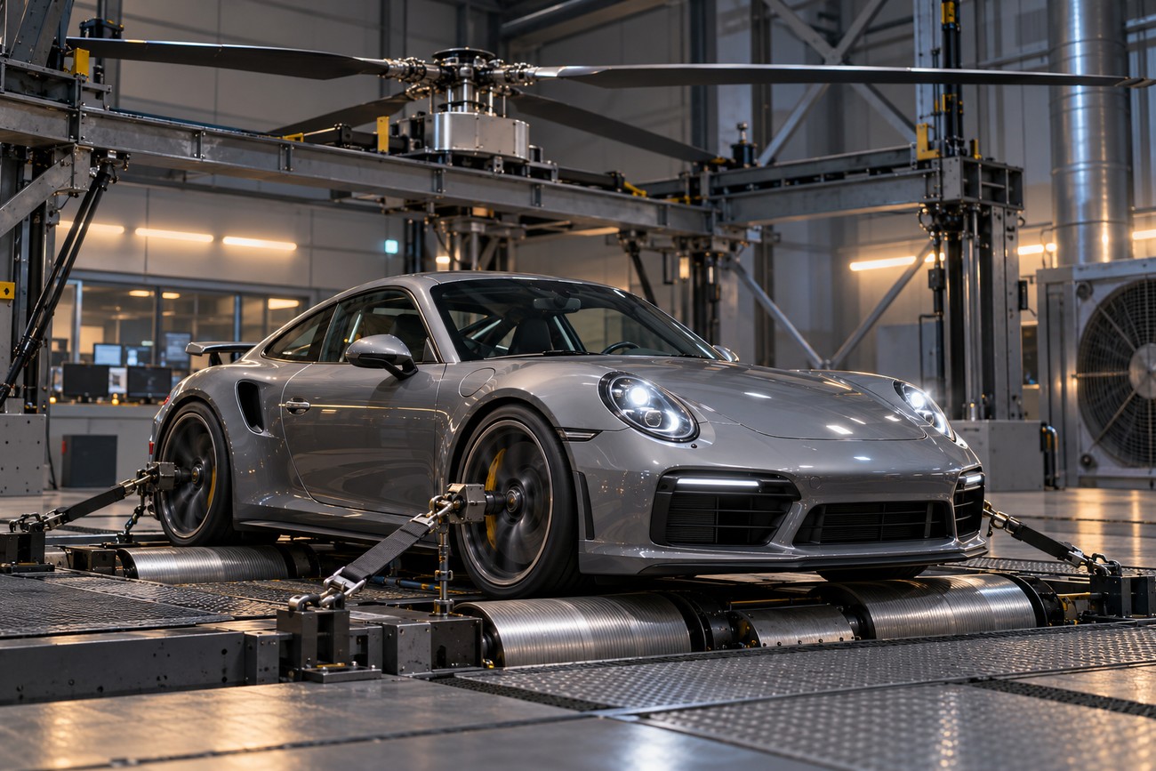 A grey Porsche 911 strapped to a test platform with helicopter rotors mounted directly above it in a hangar