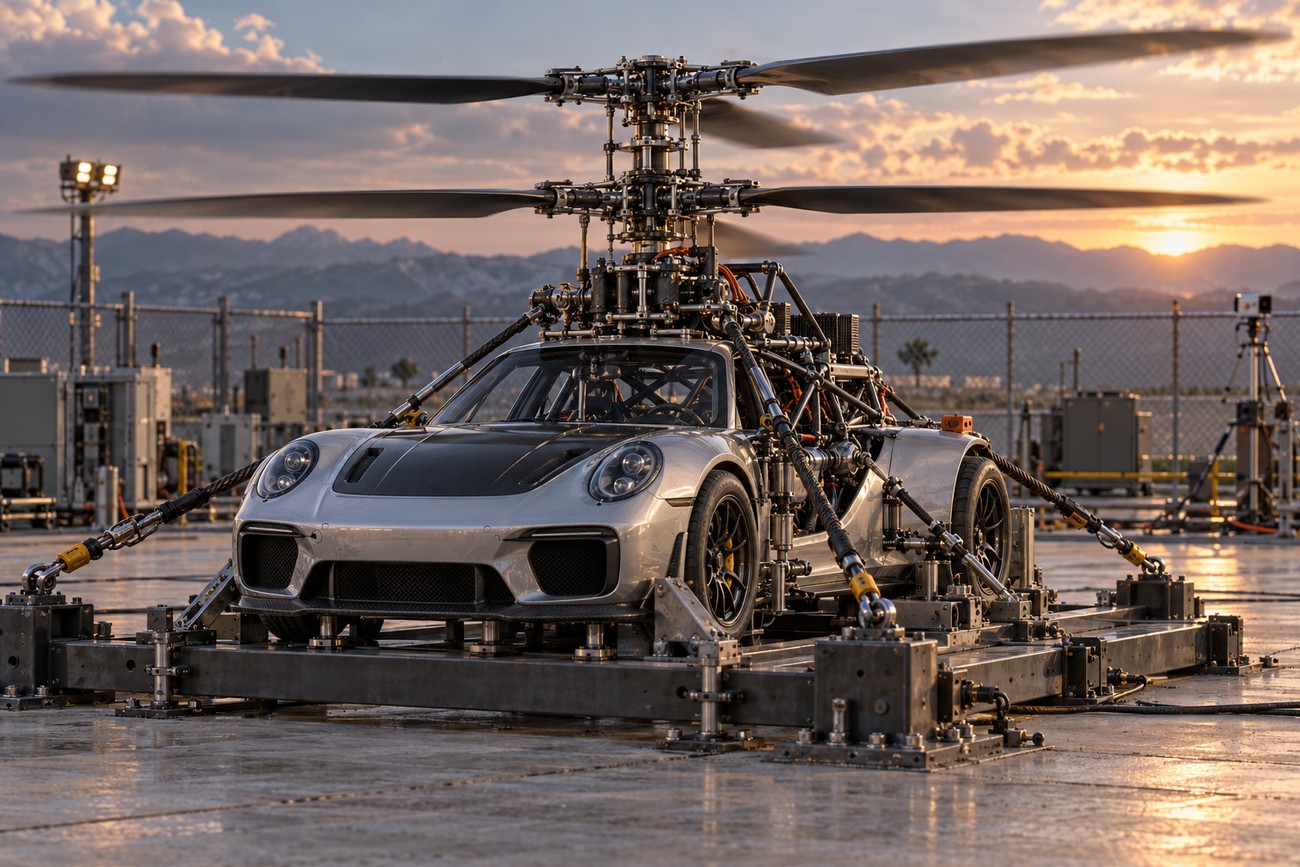 A silver Porsche 911 with massive coaxial helicopter rotors mounted on top secured to a metal testing rig at sunset