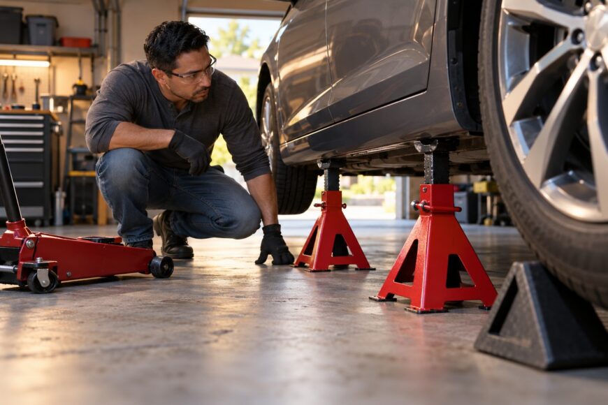 A man in safety glasses and gloves inspects a car safely lifted on red jack stands in a garage