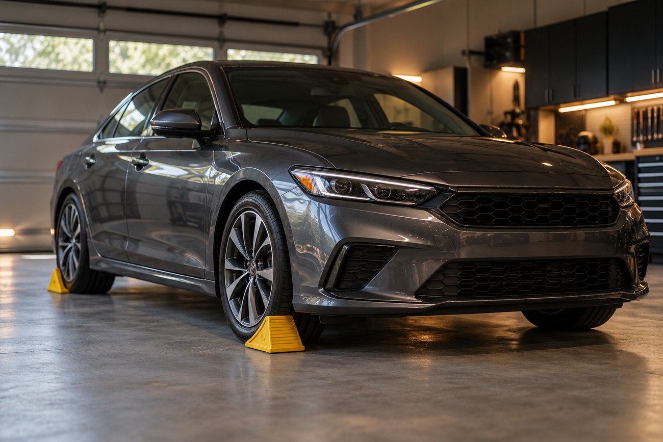 Grey sedan parked in a garage with bright yellow wheel chocks secured against the tires