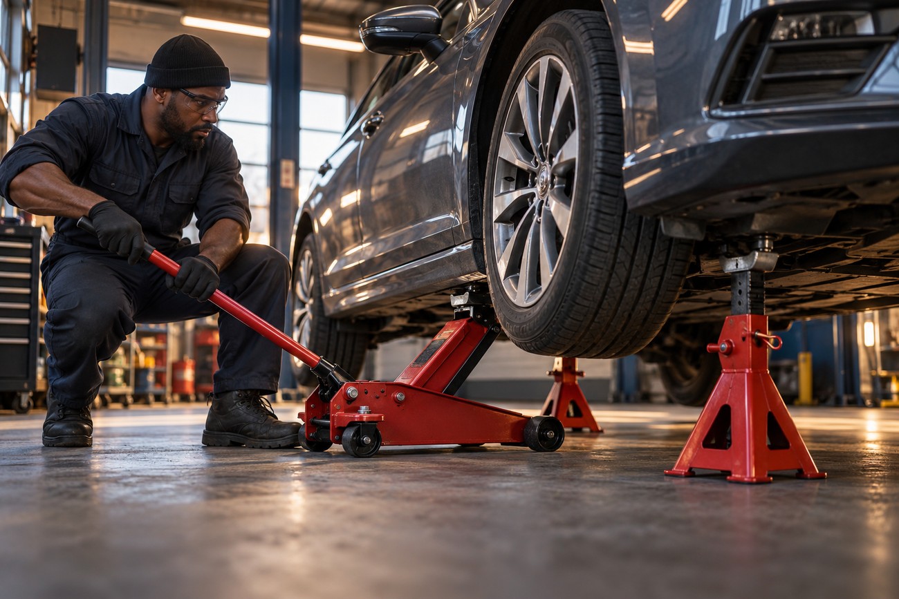 Mechanic operating a red hydraulic floor jack to lift a car in a workshop with jack stands nearby