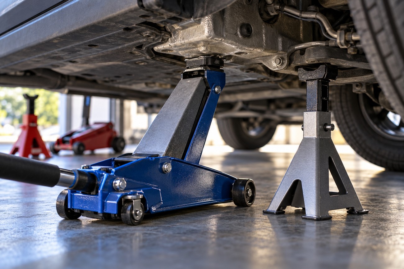 A blue hydraulic floor jack and a silver jack stand supporting a raised car in a garage