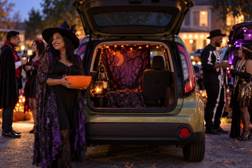 A smiling woman in a witch costume holding an orange candy bowl near the decorated trunk of her Kia Soul at a nighttime Halloween event