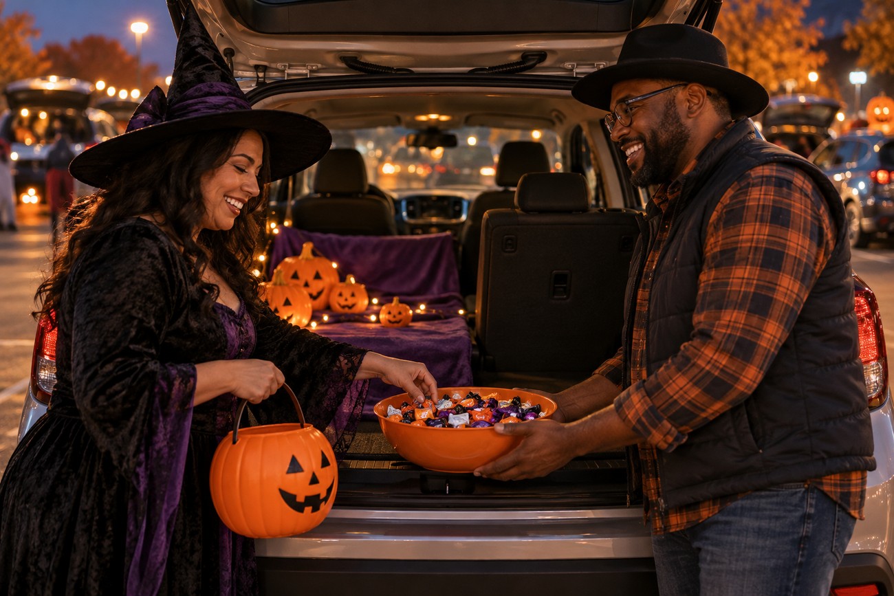 A smiling woman in a witch costume and a man in a hat stand by the open trunk of a Kia Soul filled with Halloween decorations and a bowl of candy