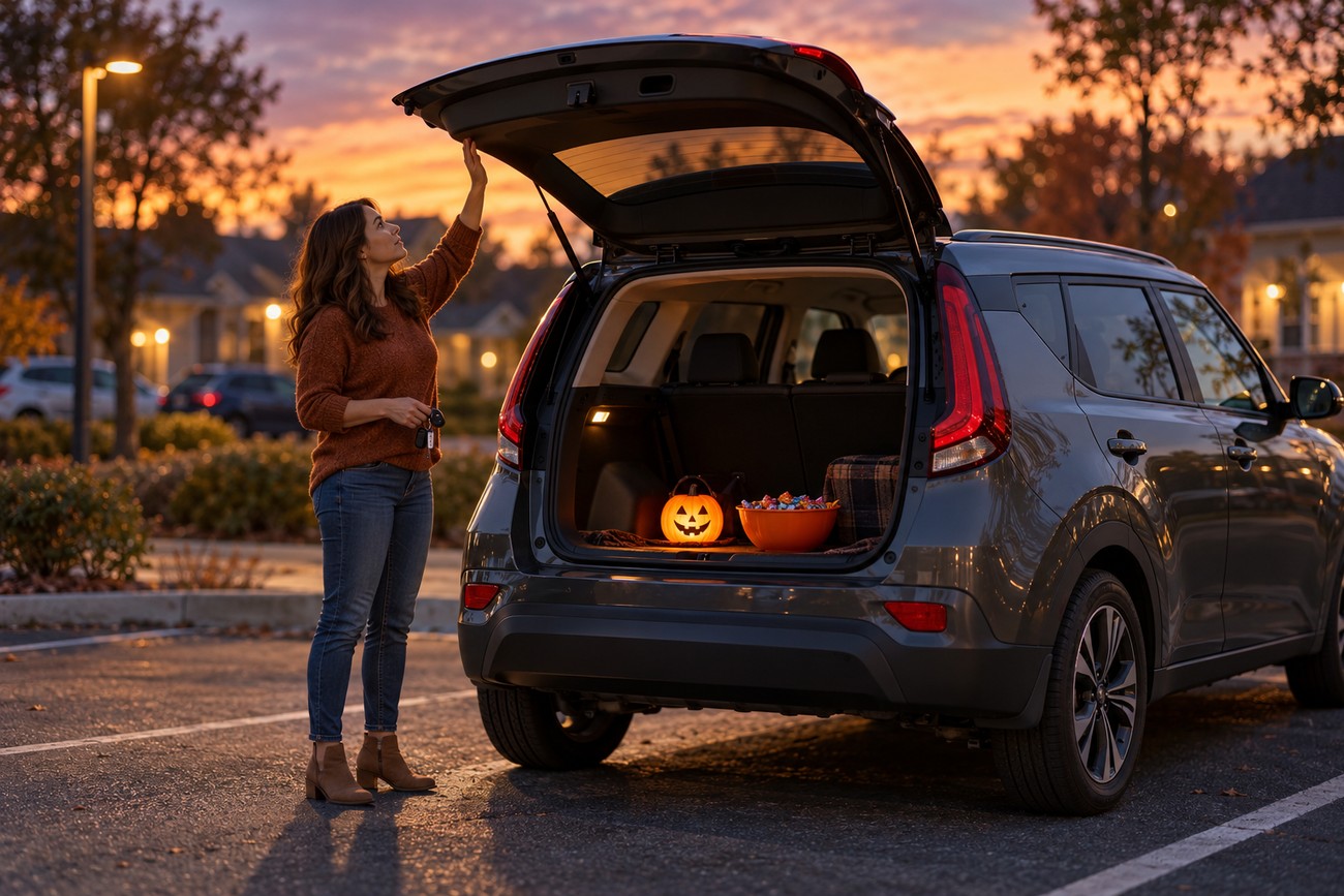 A woman opens the trunk of her Kia Soul parked outdoors at sunset to set up a Halloween trunk-or-treat display with a glowing pumpkin and candy bowl