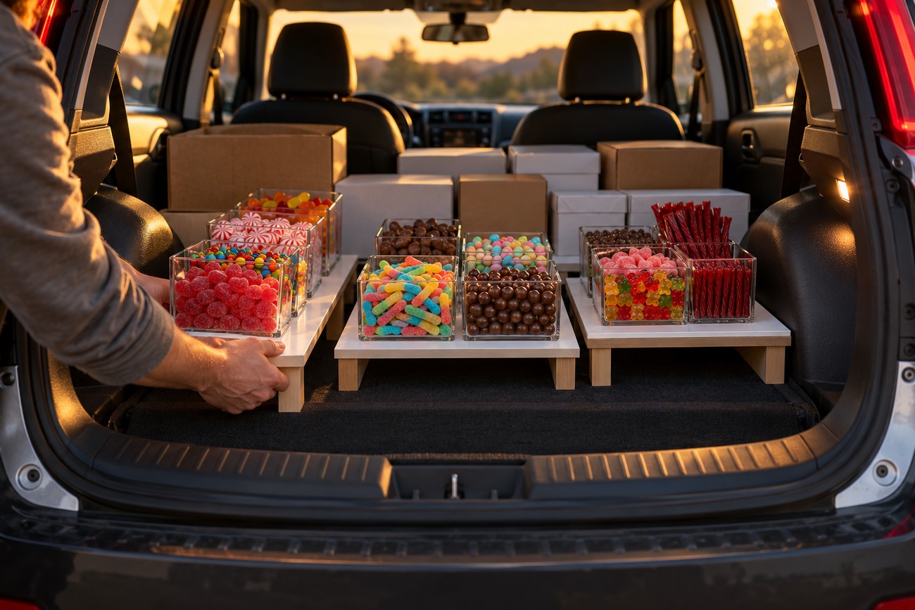 A person arranging clear containers filled with colorful Halloween candies on wooden risers inside the open trunk of a Kia Soul