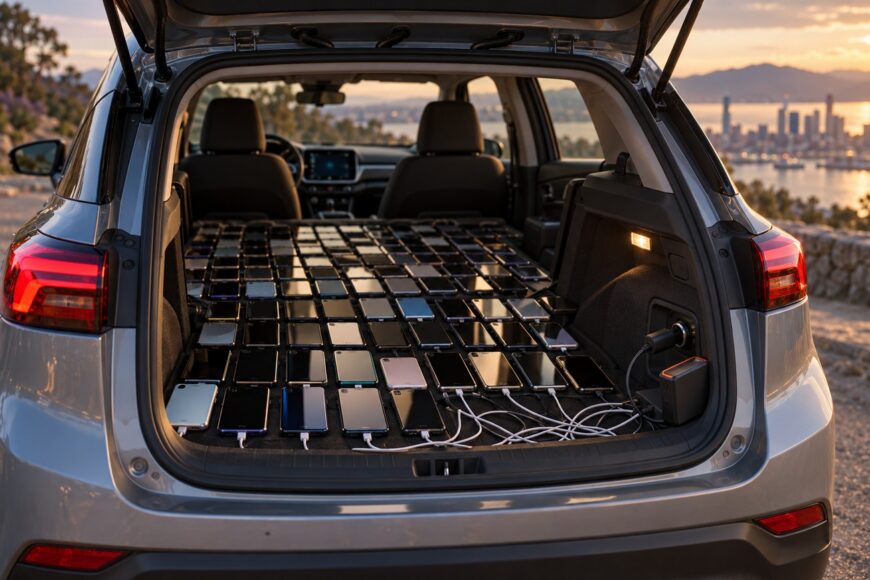 Open trunk of a silver Chevy Bolt packed with dozens of smartphones connected to chargers