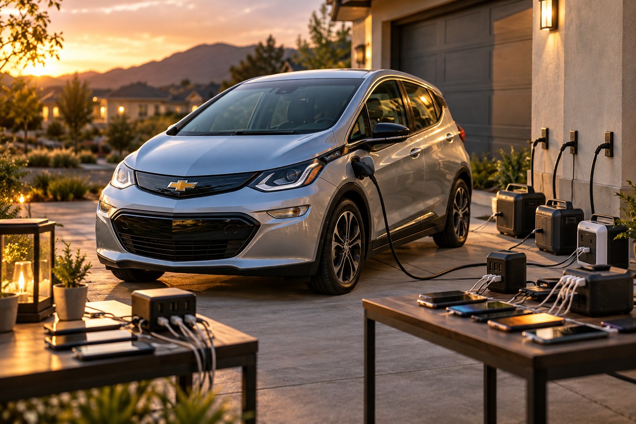 A silver Chevy Bolt parked in a residential driveway with multiple tables set up to charge dozens of smartphones and power stations