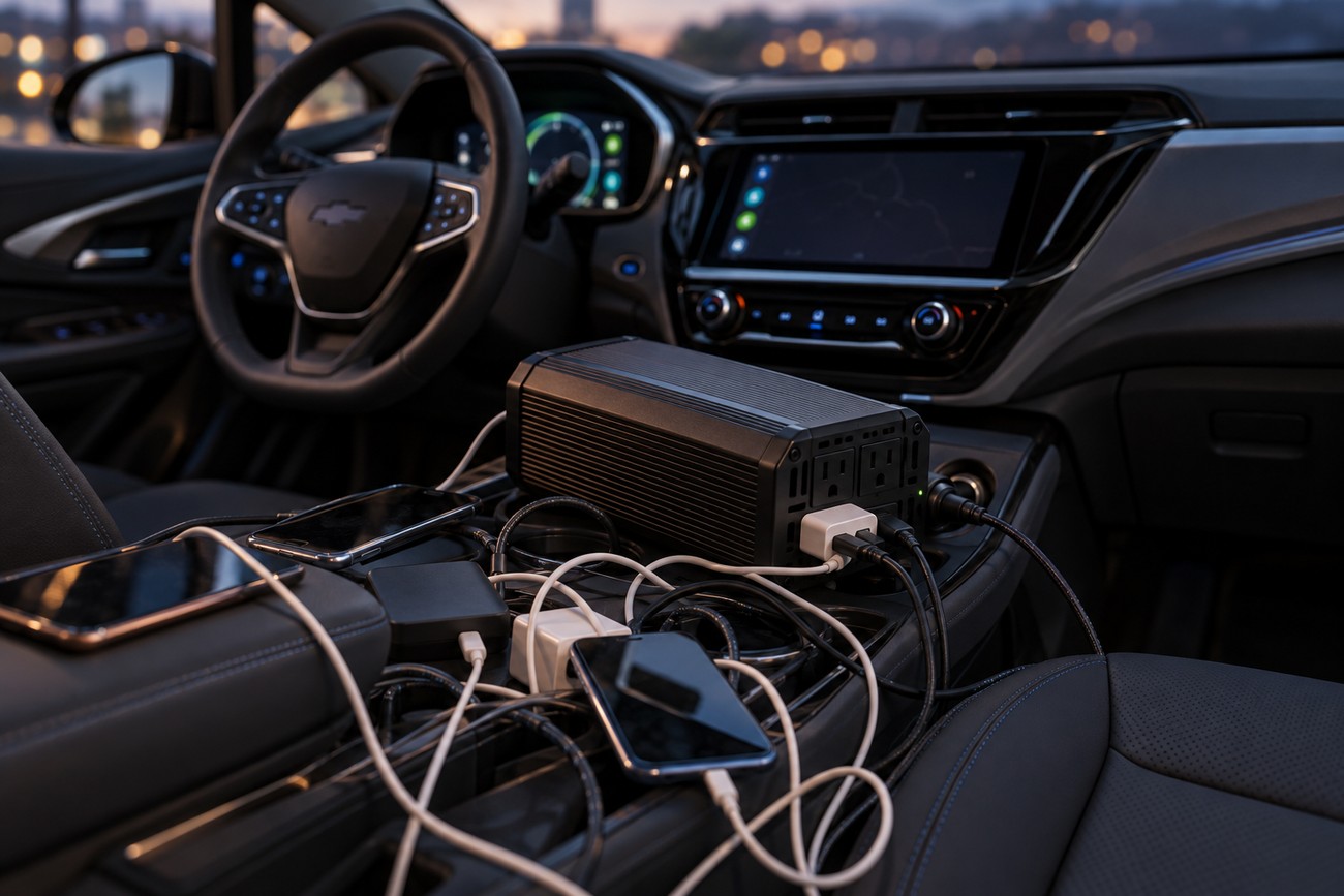 A black power inverter sits on the console of a Chevy Bolt interior connected to multiple smartphones with charging cables