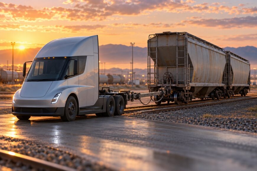 A white Tesla Semi electric truck pulls heavy freight train cars along railroad tracks at sunset