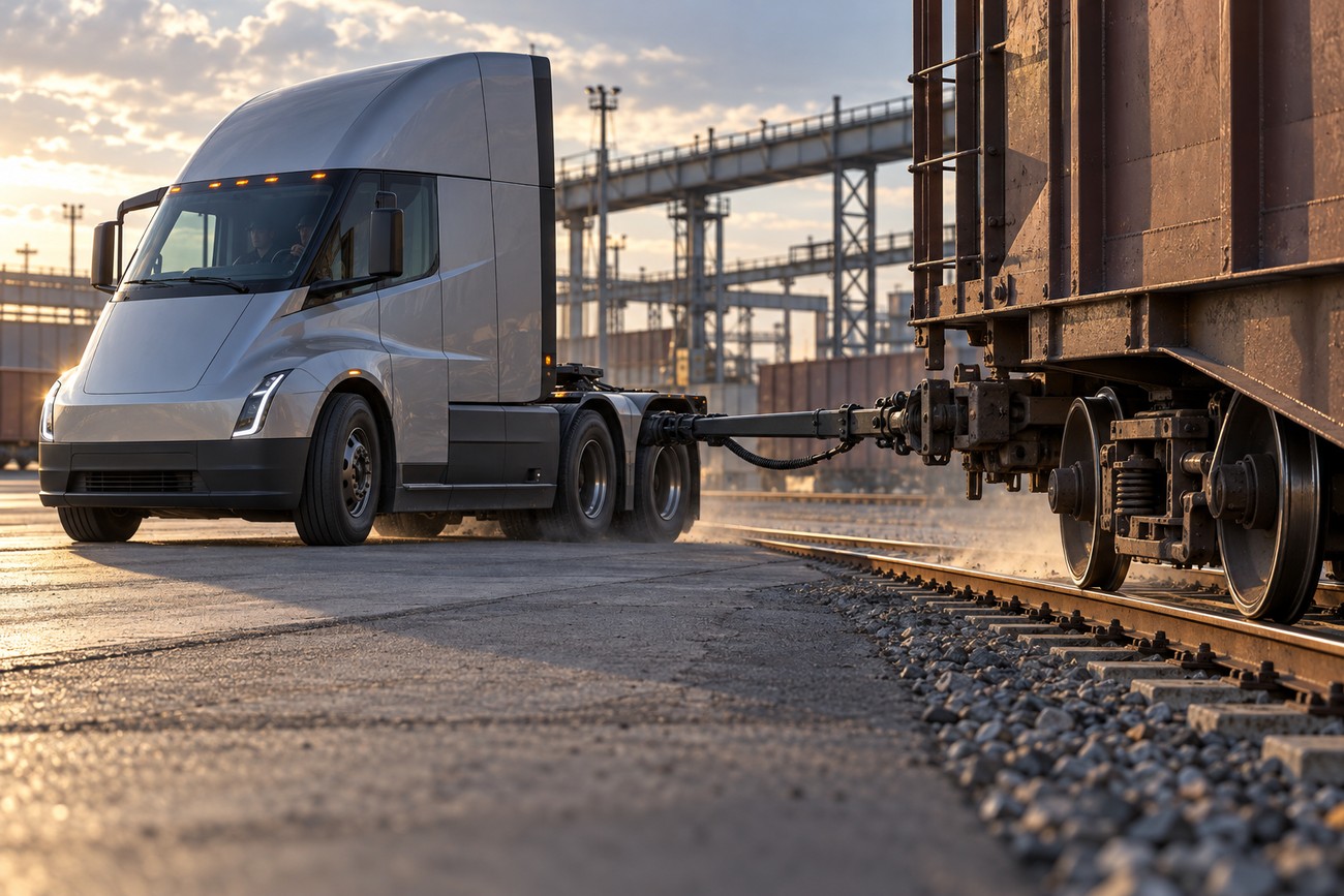 A silver Tesla Semi electric truck towing a heavy freight train car along railway tracks