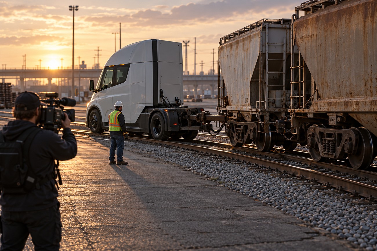 A white Tesla Semi truck coupled to a rusty freight train car on railroad tracks while a cameraman films during sunset