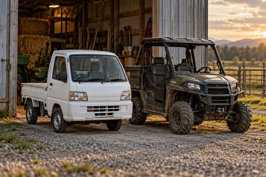 A white Daihatsu Hijet kei truck parked next to a green UTV outside a rustic farm barn at sunset