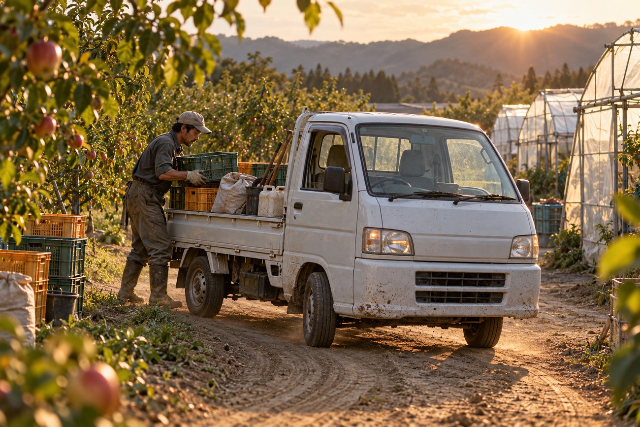 A farmer loading harvest crates into the bed of a white Daihatsu Hijet kei truck in an orchard at sunset