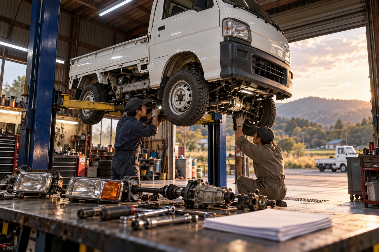 Two mechanics in workwear inspecting the undercarriage of a white Daihatsu Hijet kei truck lifted on a hydraulic hoist inside a garage