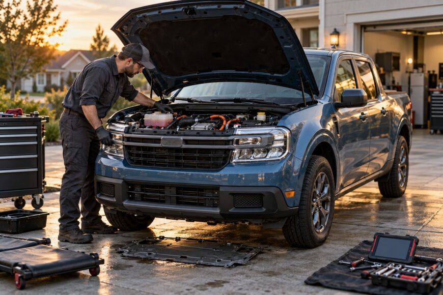 A mechanic in workwear examining the engine compartment of a blue hybrid Ford Maverick truck parked outside a garage