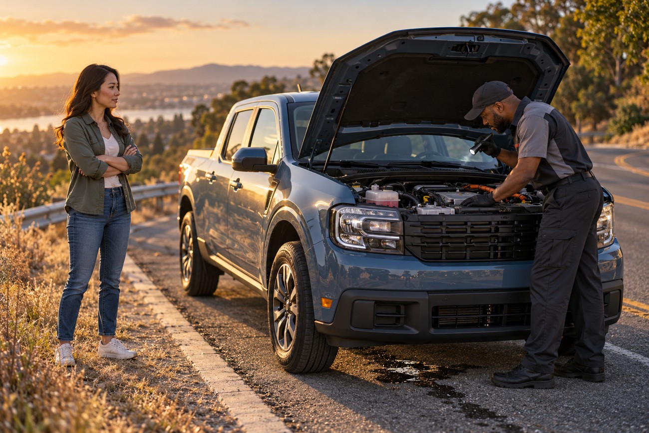 Mechanic using a flashlight to inspect the engine bay of a hybrid Ford Maverick broken down on the roadside at sunset while the owner stands nearby