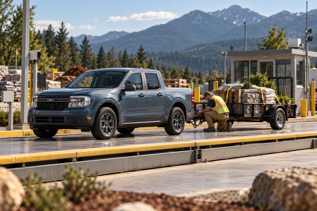 A blue hybrid Ford Maverick pickup truck parked at an outdoor scale while a worker in a high visibility vest secures a loaded trailer hitch