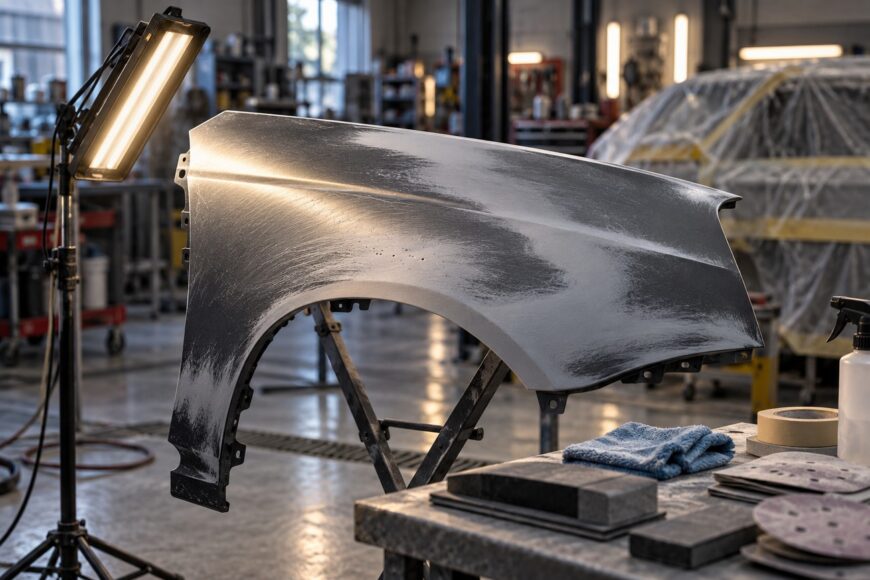 Car fender with applied guide coat powder mounted on a stand in an auto body shop under bright lighting