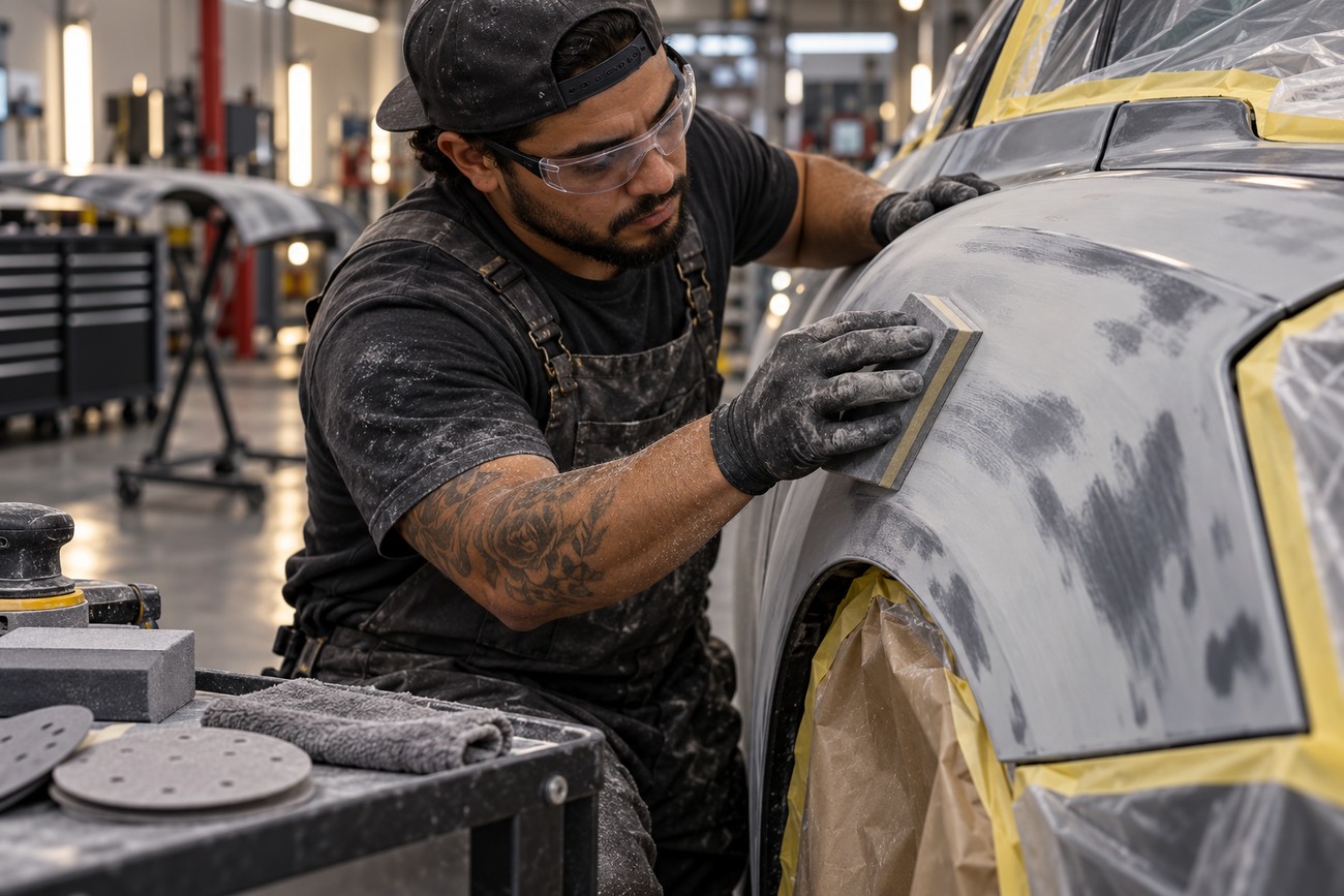 A technician in safety glasses and gloves sanding a primed car body panel with a sanding block in an auto repair shop