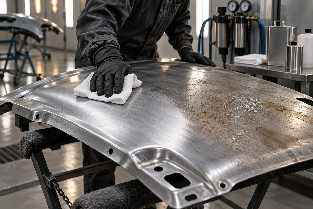A mechanic in black gloves wiping down a metal car roof panel with a white cloth in an auto body shop