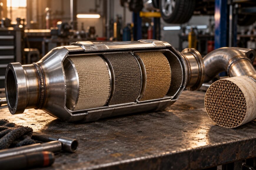 A cutaway of a high-flow catalytic converter showing internal honeycomb mesh cores on an auto repair shop workbench