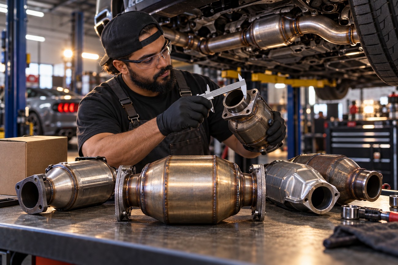 Mechanic wearing safety glasses and black gloves measures a high-flow catalytic converter with calipers at an auto repair shop