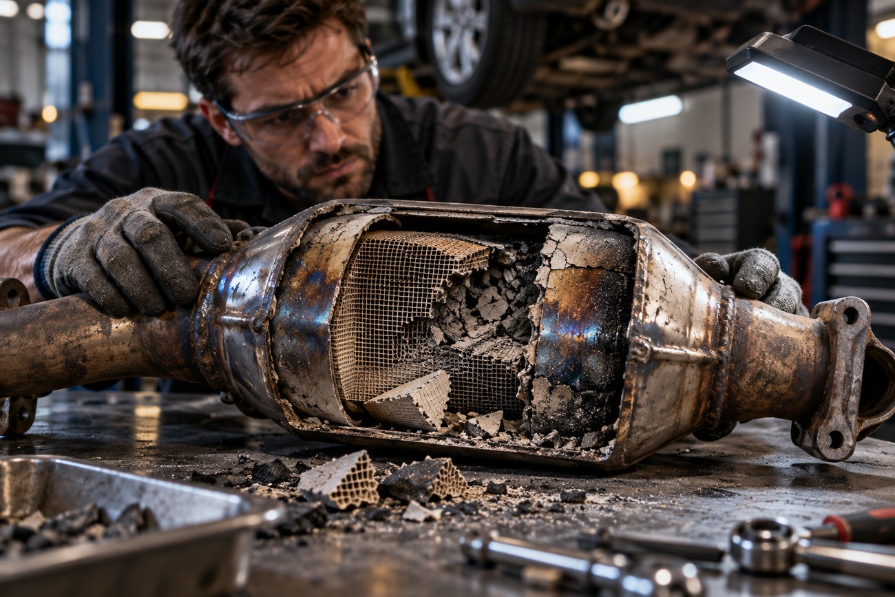 A mechanic in protective glasses inspecting a cut open and damaged high-flow catalytic converter on a workbench