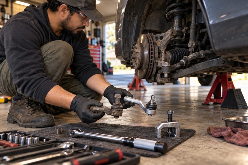 A mechanic in gloves compares a worn tie rod end with a new replacement part near a car suspension in a home garage