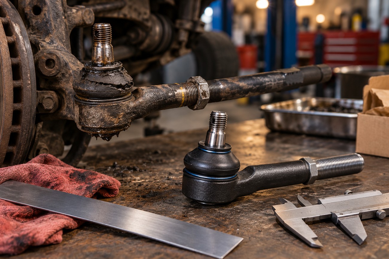 A worn-out rusty tie rod end on a car suspension next to a brand new replacement part and tools on a garage workbench