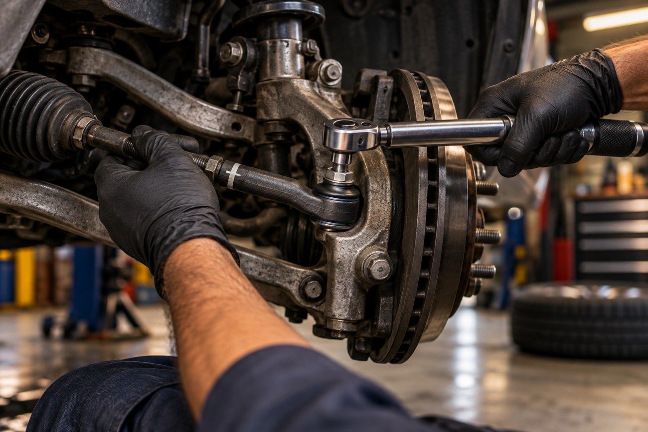 A mechanic in black gloves uses a ratchet wrench to work on a vehicle tie rod end in a garage