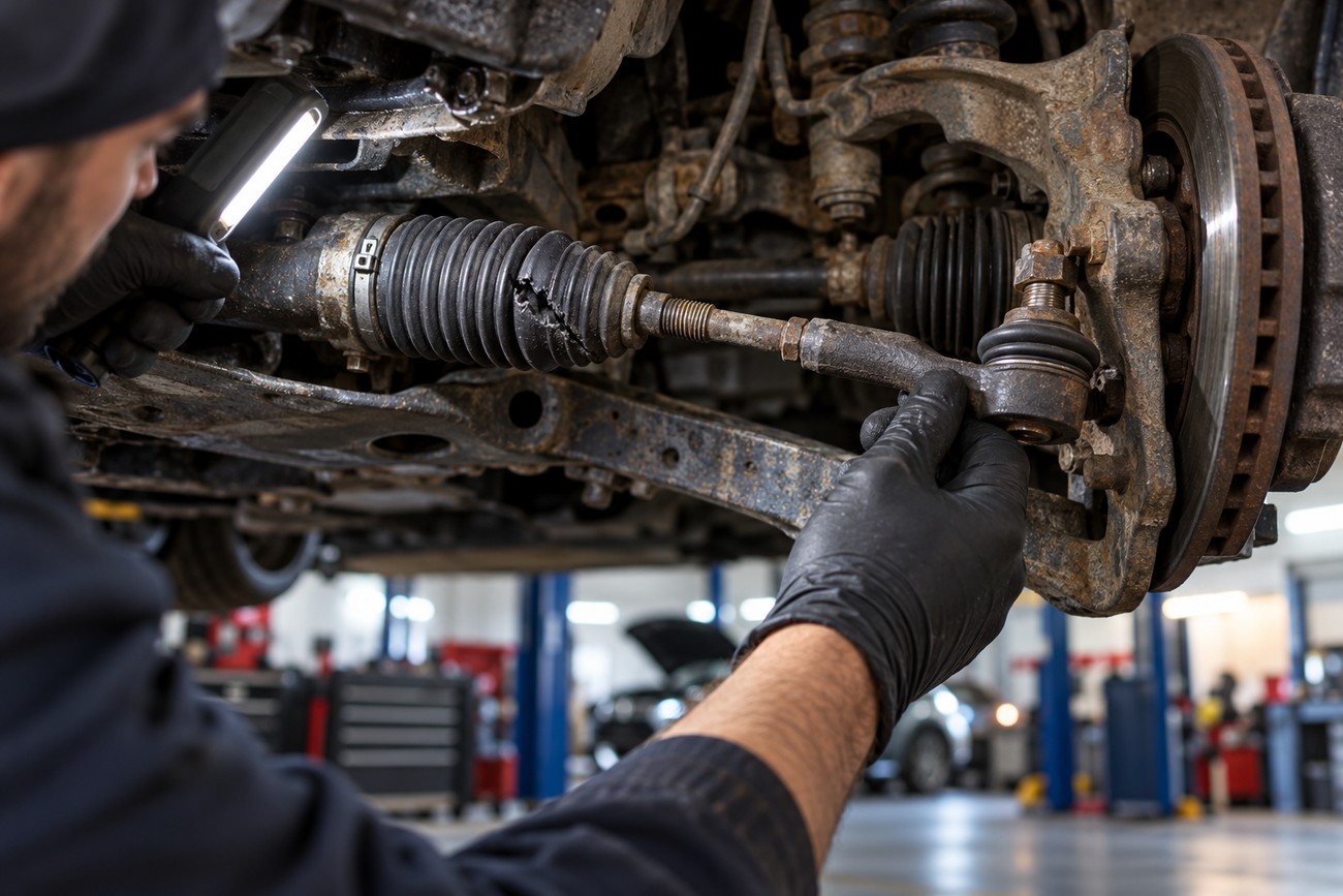 Mechanic wearing black gloves inspecting a worn tie rod end and torn steering rack boot under a car