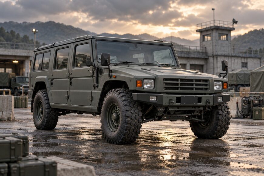 An olive green Toyota Mega Cruiser military vehicle parked on a wet concrete yard with a watchtower and mountains in the background