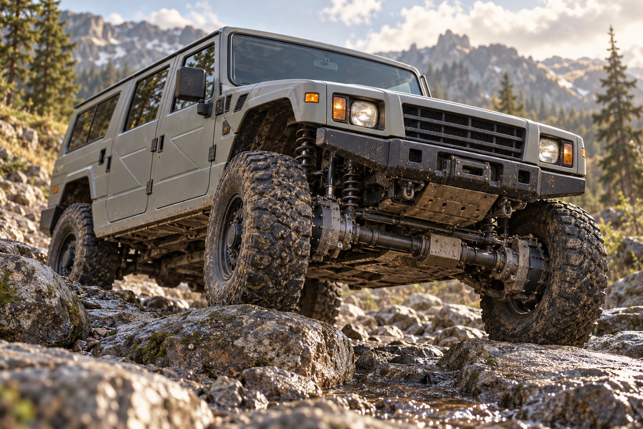 A grey Toyota Mega Cruiser driving over large boulders and rocks in a scenic mountainous area