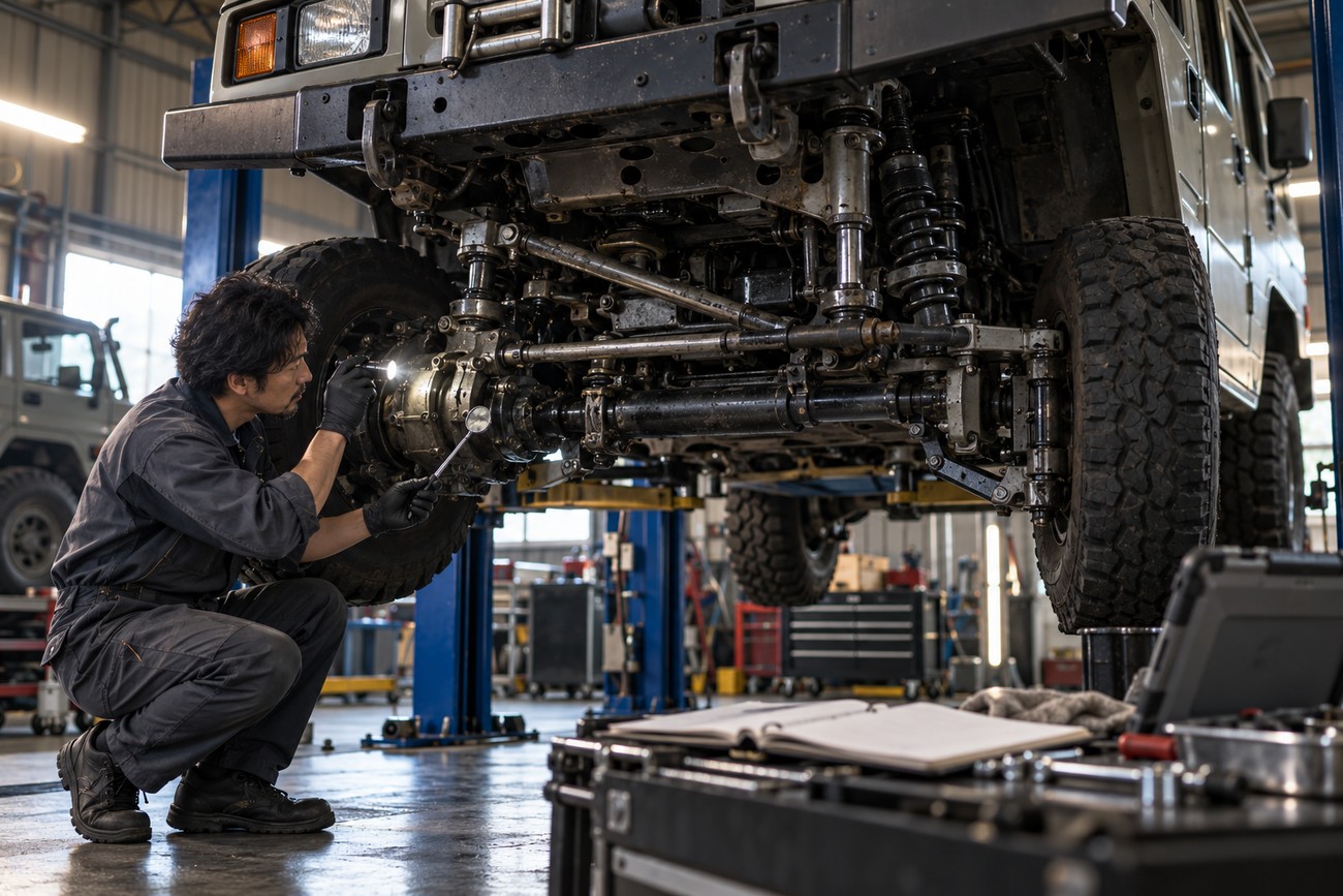 A mechanic wearing gloves crouches while inspecting the front suspension and axle of a Toyota Mega Cruiser lifted on a hydraulic lift in a repair shop