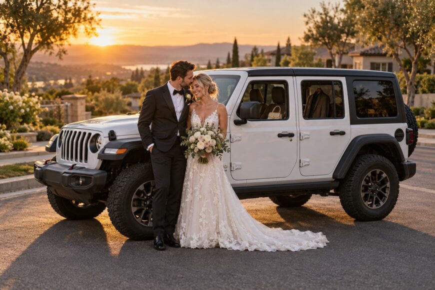 Bride and groom posing together next to a white Jeep Wrangler at sunset