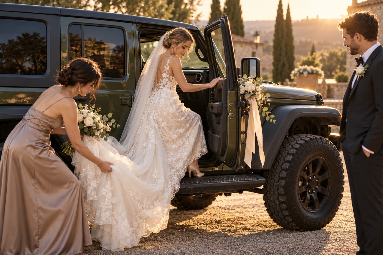 Bride in a white lace gown stepping into a decorated green Jeep Wrangler wedding getaway car with her bridesmaid and groom