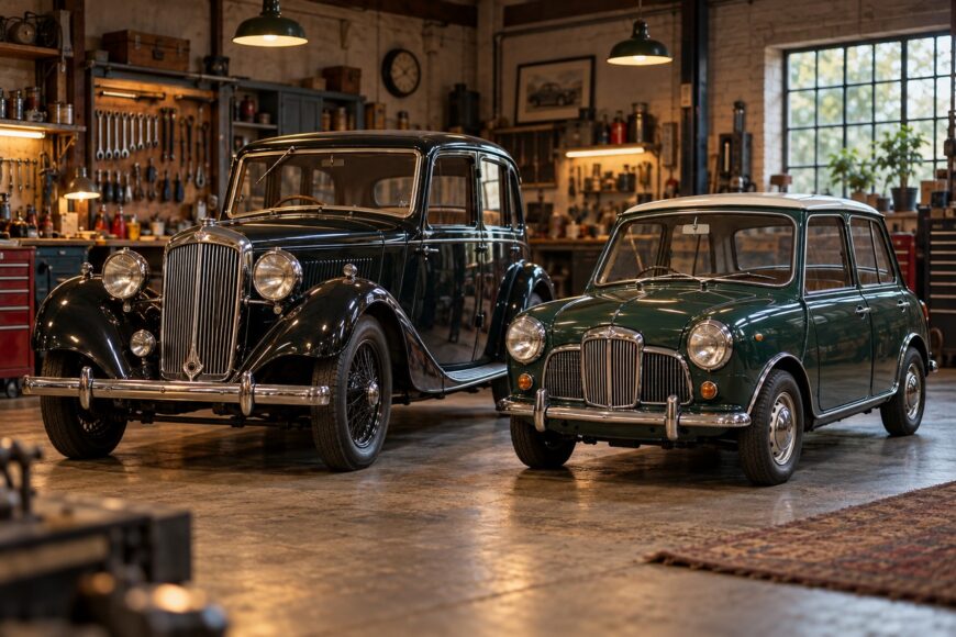 A green Wolseley Hornet parked alongside a vintage black car inside a workshop garage